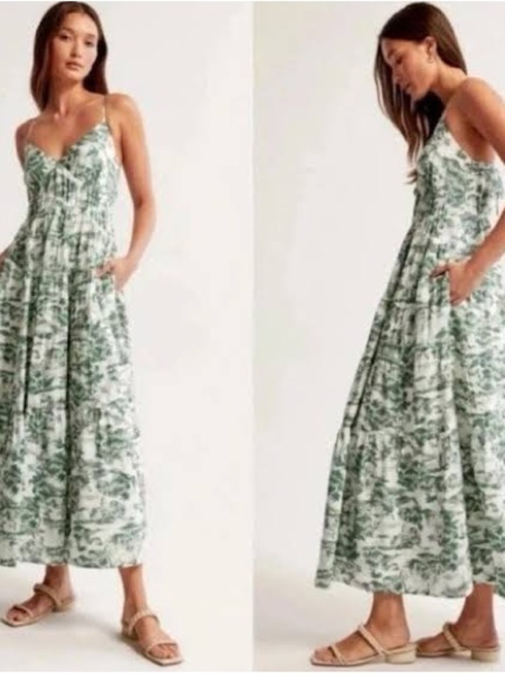 Abercrombie & Fitch White and Green Toile-Print Spaghetti-Strap Maxi Dress